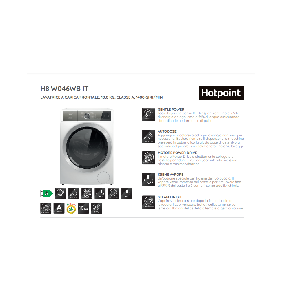 Hotpoint H8 W046WB IT Lavatrice 10 kg 1400 Giri/min Classe A Bianco